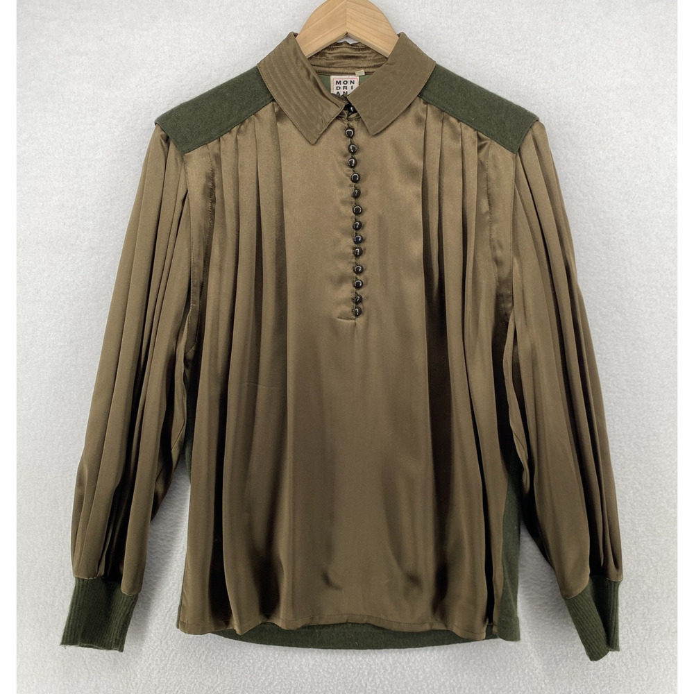 MONDRIAN Blouse 40 Silk Satin Wool Blend Knit Back Pleated Popover Green